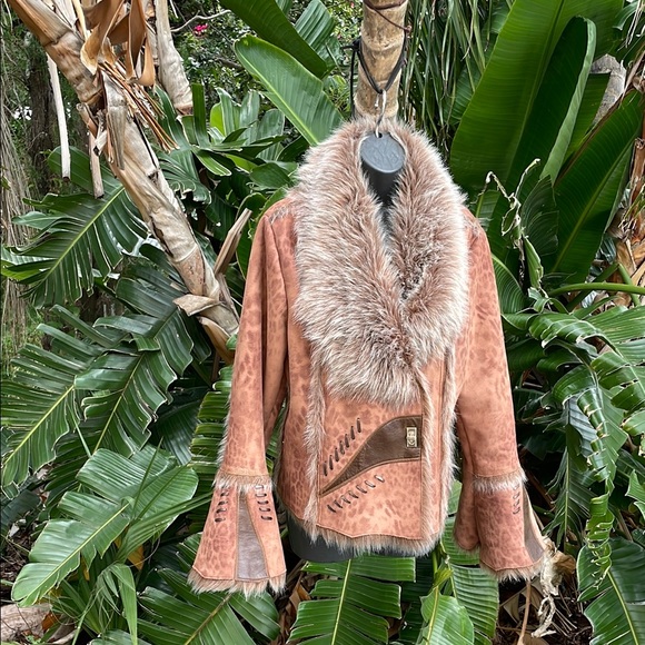 Jackets & Blazers - bohemian faux fur  leopard print suede jacket with bell sleeves